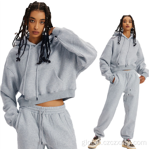 Fleece Thick Sweatpants Suit Autumn fleece thickened leaky navel hooded sweatshirt set Factory